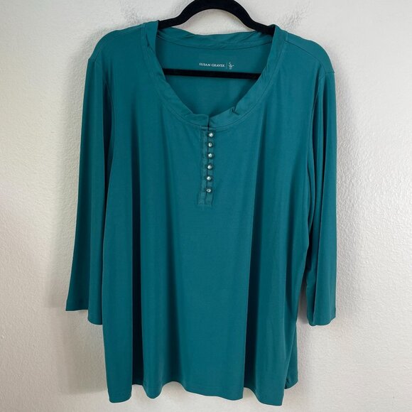 Susan Graver Womens Plus 1X Teal Button Front Top Stretch Liquid Knit Shirt - Picture 7 of 9